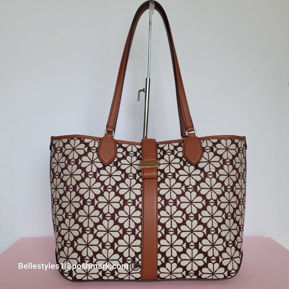 KATE SPADE Spade-Flower Jacquard and Leather Medium Open Tote- Burgundy Multi⭐ - Picture 4 of 16